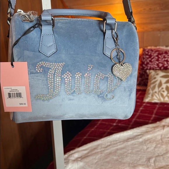 Juicy Couture Light Blue Velvet Satchel Bag with a gold purse charm.. NWT) - Picture 5 of 9